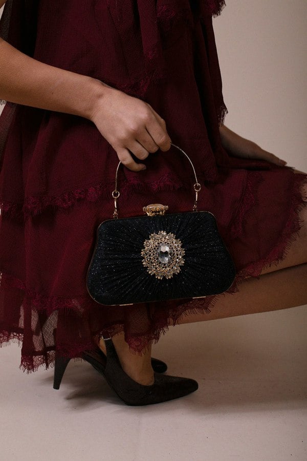 SVNX Ruched Jewel Clutch Bag In Black