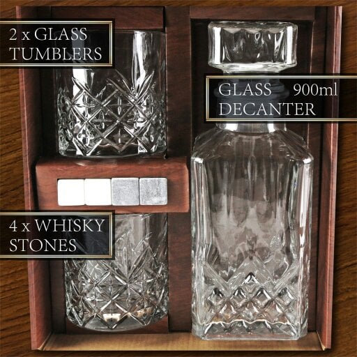 Kimm and Miller Whisky Gift Set with Glass Whisky Decanter, Glasses & Stones