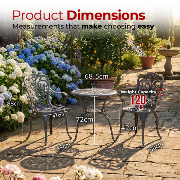 Centurion Supports BANGUI Grey Luxurious Garden and Patio Table and 2 Large Chairs with Armrests Cast Aluminium Bistro Set