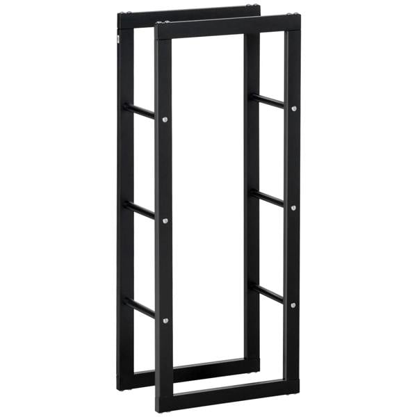 Black tall metal firewood rack with ladder-style side supports