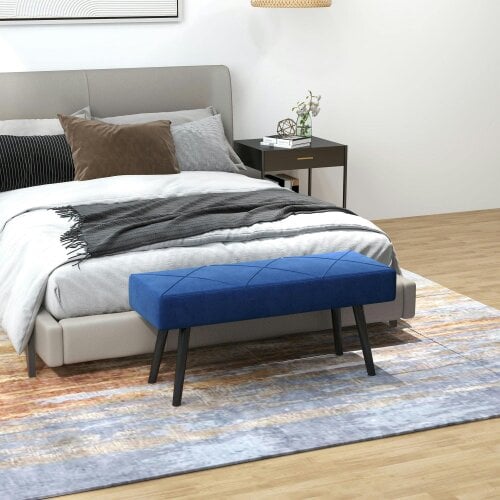 Wyld Haus Mazuka Blue End Of Bed Bench With X Frame Black Metal Legs Geometric Pattern