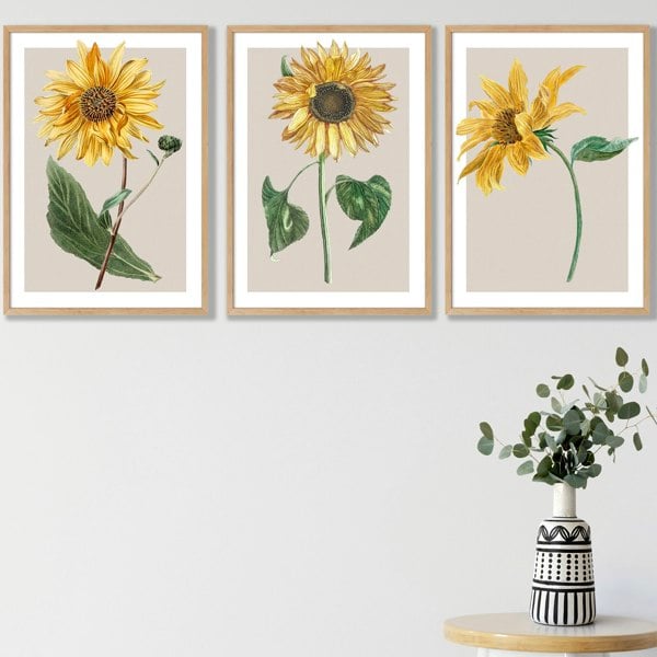 Artze Wall Art Vintage Yellow Sunflowers Set of 3 Framed Prints