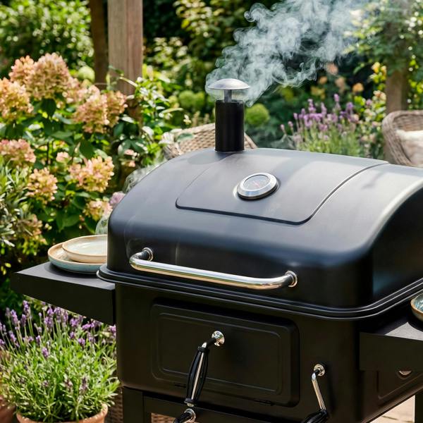 Dellonda Charcoal Grill BBQ Smoker & Trolley with 2 Side Shelves, Black - DG283