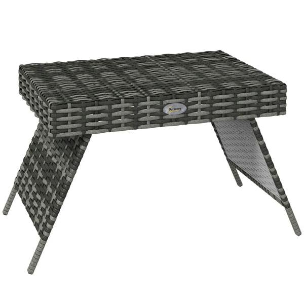 Foldable rattan side table with dark grey woven top and angled metal legs