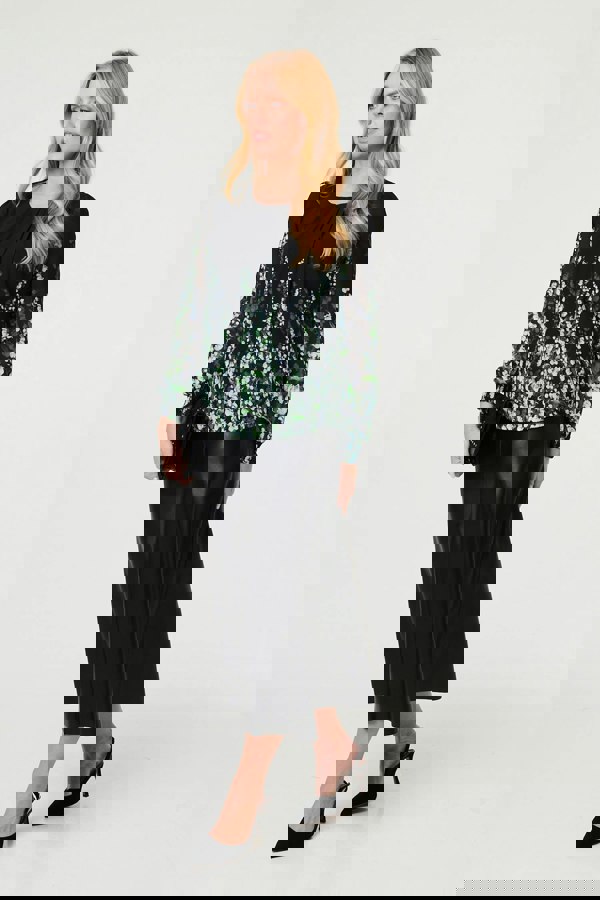 Black | Floral Long Sleeve Semi Sheer Blouse
