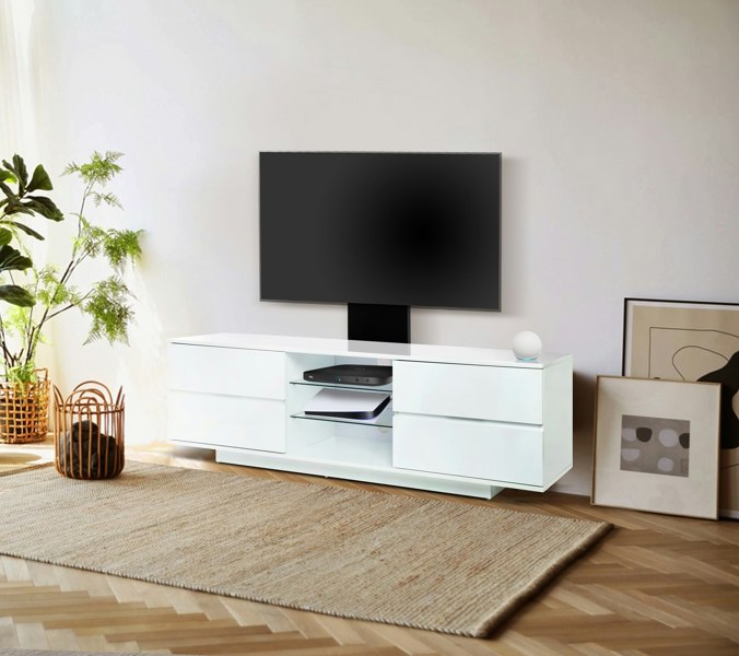 Centurion Supports Avitus Gloss White with 4-White Drawers and 3-Shelves up to 65" LED, LCD, Plasma TV Stand with Mounting Arm