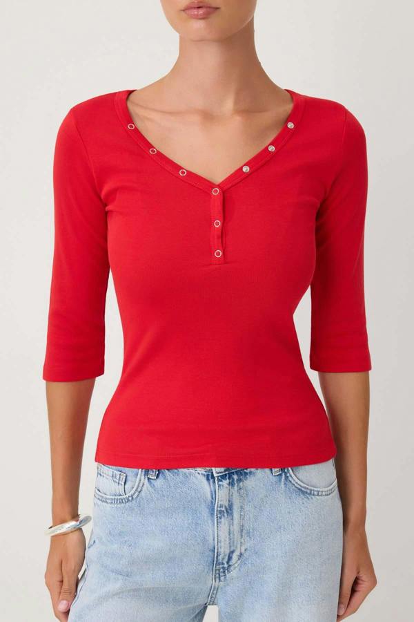WOVCOR Fitted V Neck Button Front Ribbed Long Sleeve Blouse