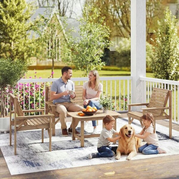 4 Piece Wooden Garden Furniture Set, Outdoor Garden Sofa Set with 2 Armchairs, Loveseat and Coffee Table, Natural Wood