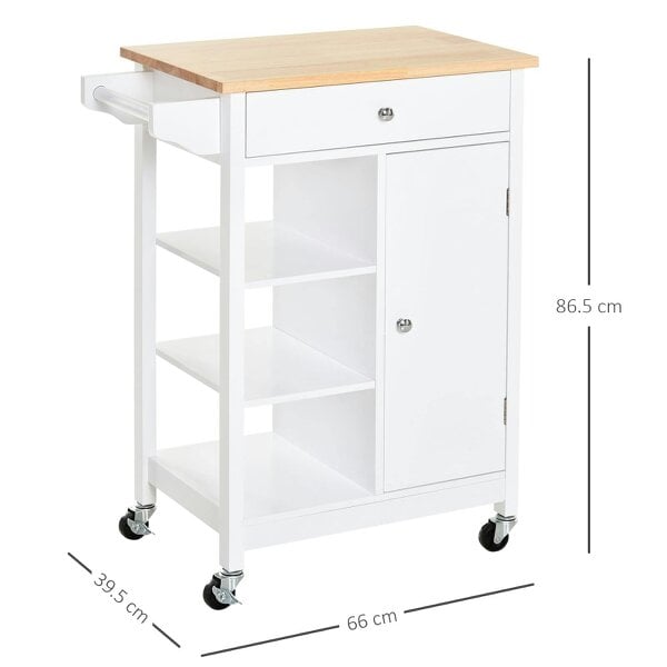 Wyld Haus Yota Wooden White Kitchen Island On Wheels With Wood Top Shelves And Storage Cupboard