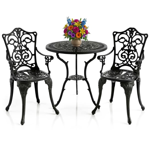 Centurion Supports TABREEZ Garden and Patio Table and 2 Large Chairs with Armrests Cast Aluminium Bistro Set - Black