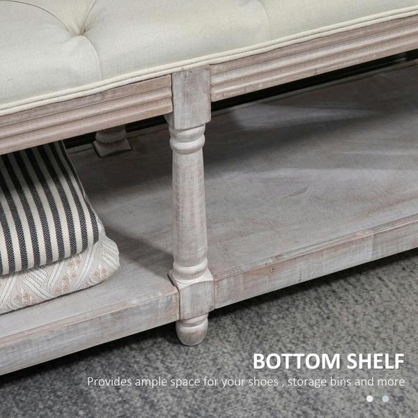 Cream button-tufted 2-tier bed end bench with wooden storage shelf and turned legs