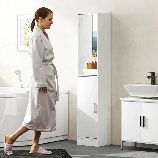 White tall bathroom cabinet with mirror and two-door base storage