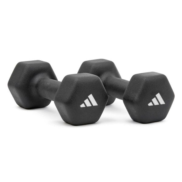 Set of black 5kg hexagonal dumbbells with Adidas logo on a white background