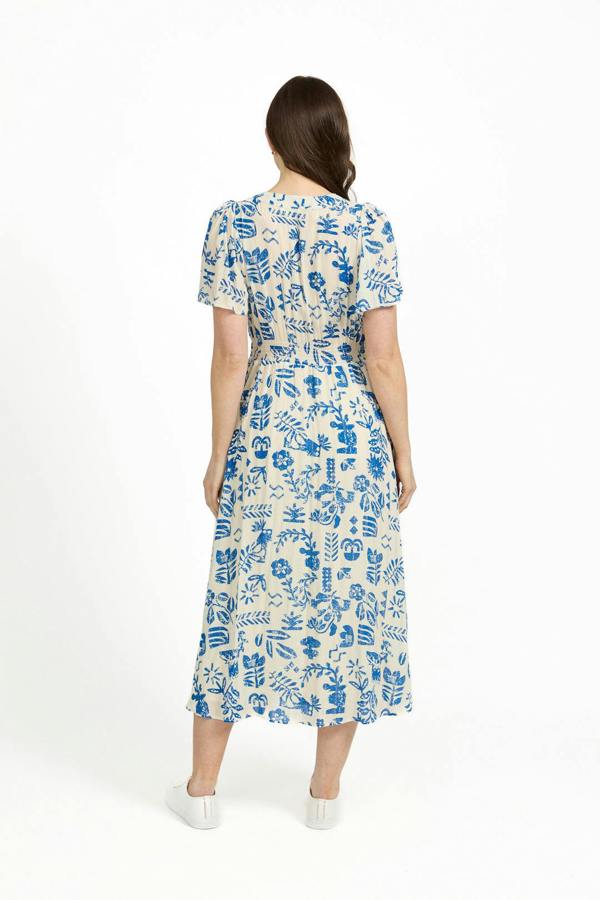 Mudflower Leaf Print Button-Up V-Neck Lurex Dress