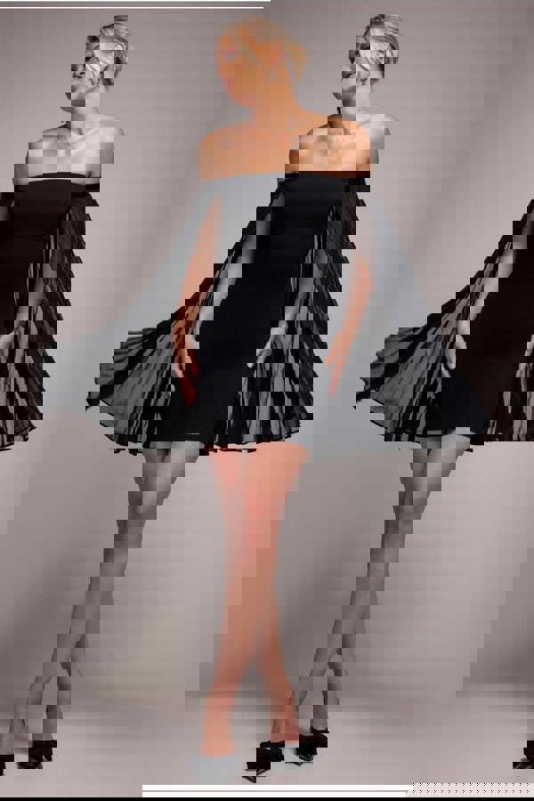 Strapless Mini Dress With Pleated Chiffon Cape - Black DR4789