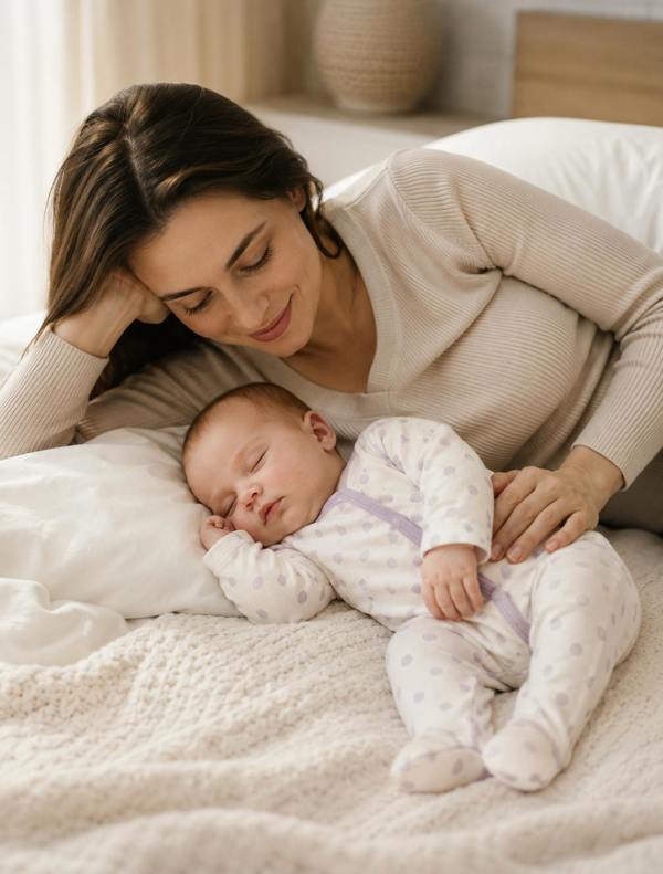 Sleeping baby wearing a soft organic Egyptian cotton footed sleeper with lavender polka dots while resting peacefully beside their mother on a cozy bed.