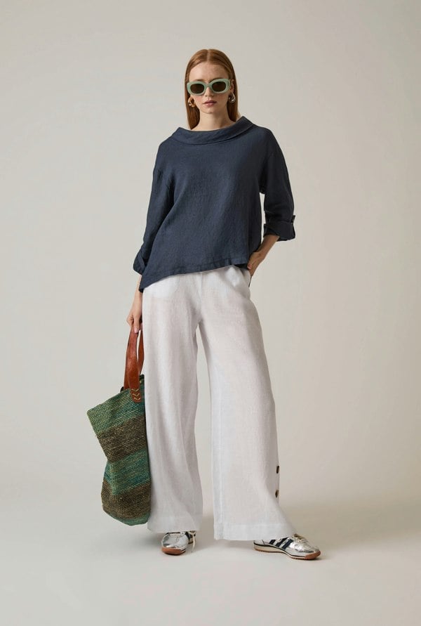Navy linen top with draped cowl neckline