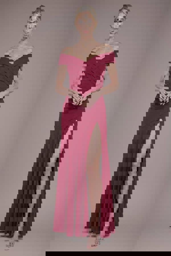 Scuba Crepe Off Shoulder Front Split Maxi Dress - Wine DR2930