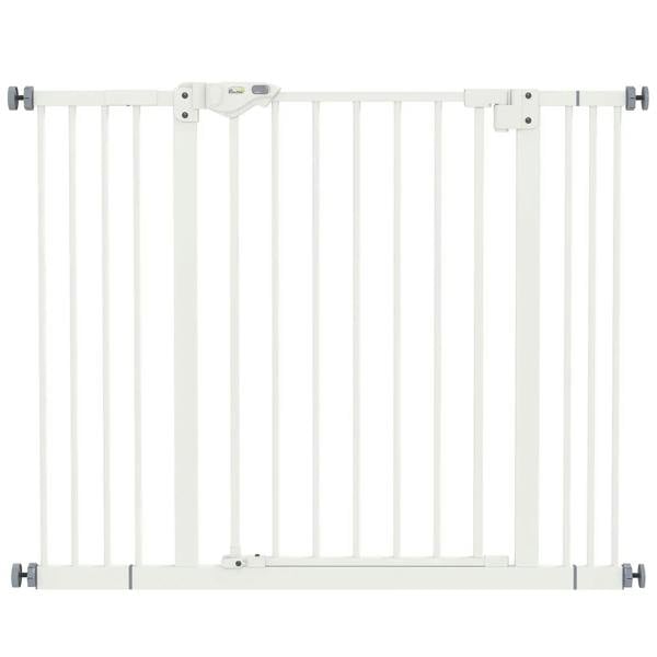 White adjustable safety gate with vertical bars and side mounting brackets