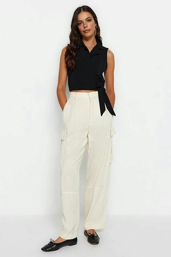 WOVCOR Tie-Up Crop Woven Linen-Look Blouse
