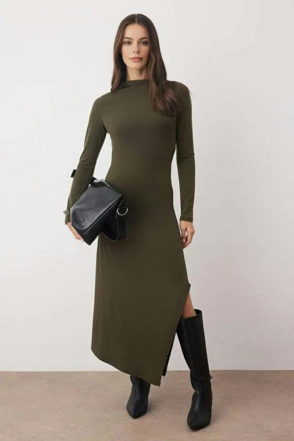 WOVCOR High Neck Lined Asymmetrical A-line Stretchy Midi Knit Dress