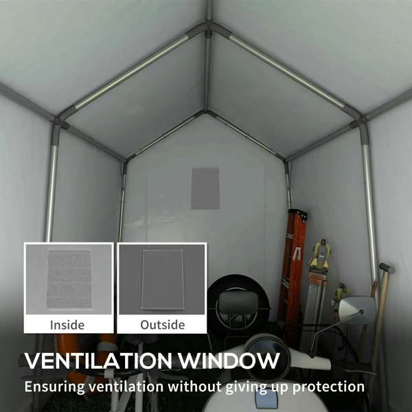 Dark grey storage tent interior showing ventilation window panel