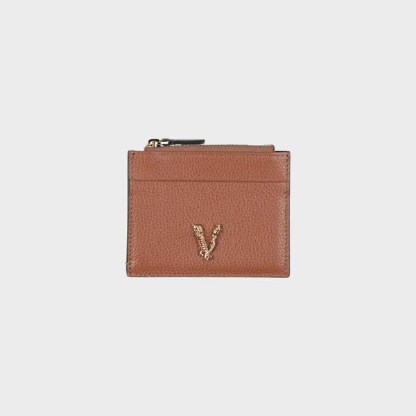 Versace Virtus Logo Zip Cardholder Leather Brown
