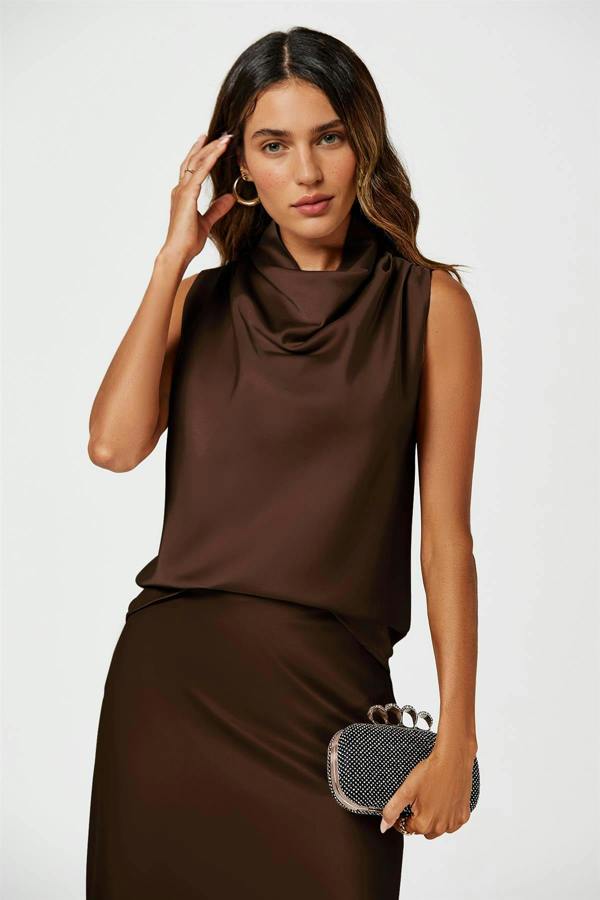 FS Collection Satin High Neck Sleeveless Blouse In Brown