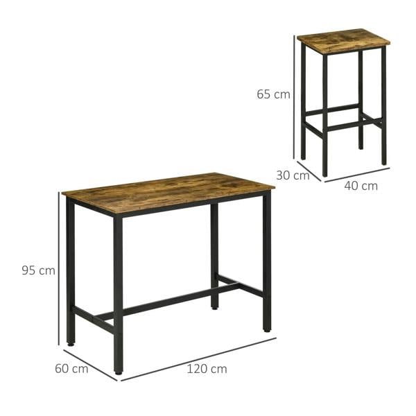 Rustic brown bar table with 2 stools, counter height, with size layout shown