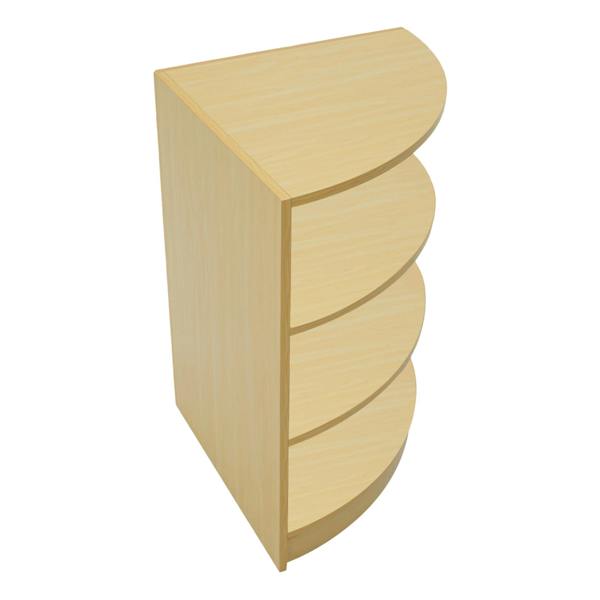 Calliope LED Shop Counter Set in maple finish, featuring a sleek, curved design with four spacious shelves for display and storage