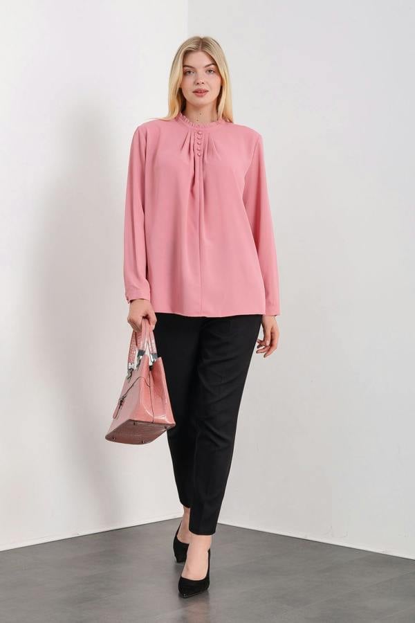 Hoxton Gal Oversized Ruffle Neck Top with Long Sleeves in Pink
