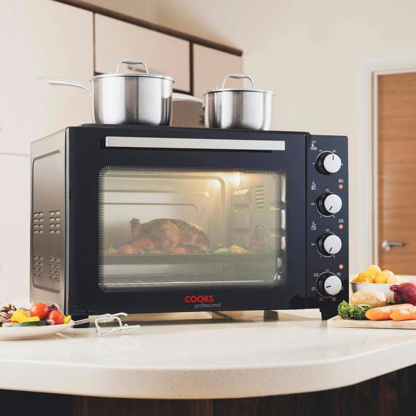 Cooks Professional 48L Mini Oven with 2 Ceramic Hobs | Black / Silver