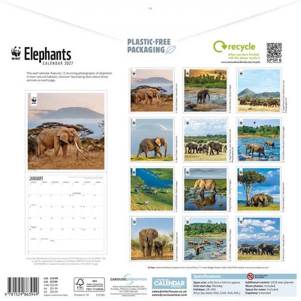WWF, Elephants Calendar 2027, Wall Calendars, Month To View, Animals, Gift