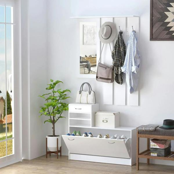 White shoe cabinet with mirror panel, wall hooks, and open shoe storage drawer