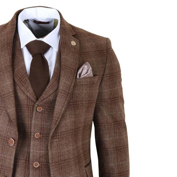 Infinity Leather Men's Formal Brown Tweed  3 Piece Check Vintage Gatsby Style Suit
