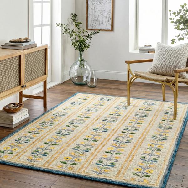 Livabliss Fairfax-Hand Tufted Beige Blue Yellow Wool Global Fringe Rug