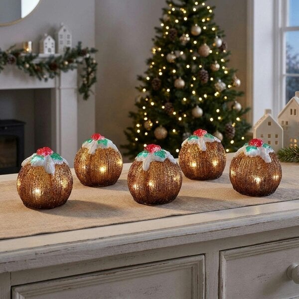 Garden Greatness Twinkling Illuminated Christmas Pudding Ornaments