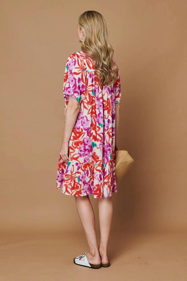 Pink | Printed Tassel Knee Length Smock Dress