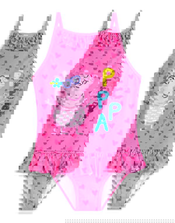 Peppa Pig Girls Pink Love Heart Background Poncho Towel and 1 Piece Swimming Costume Set