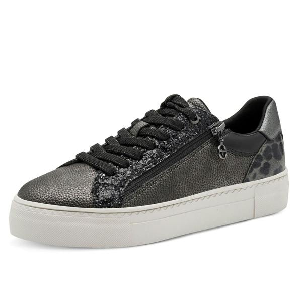 Tamaris Womens Pewter Silver Faux Leather Fashion Lace Up Sneakers