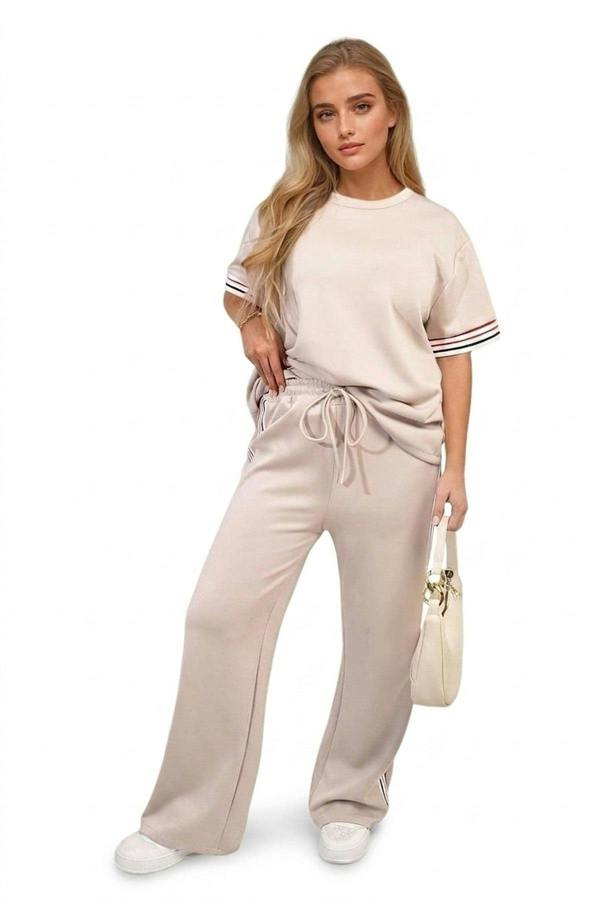 Jennifer Contrast Stripe Top And Wide Leg Trouser Co-ord Set - Beige_wb