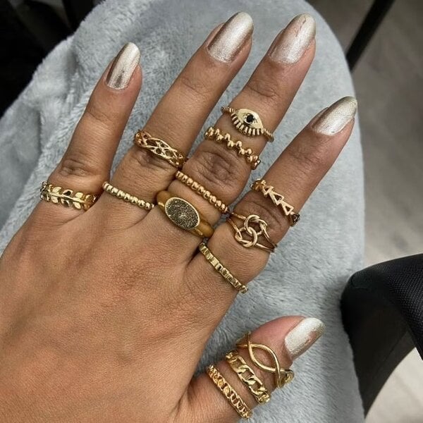 The Colourful Aura 13 Pcs Gold Stone Metallic Stacking Multi Size Knuckle Midi Ring Set