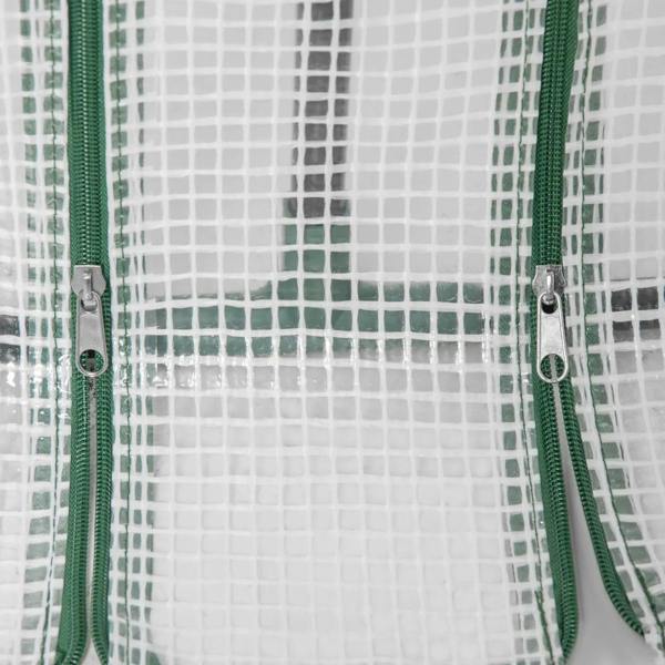 Mini greenhouse PE cover seam with green zipper and cord tie detail