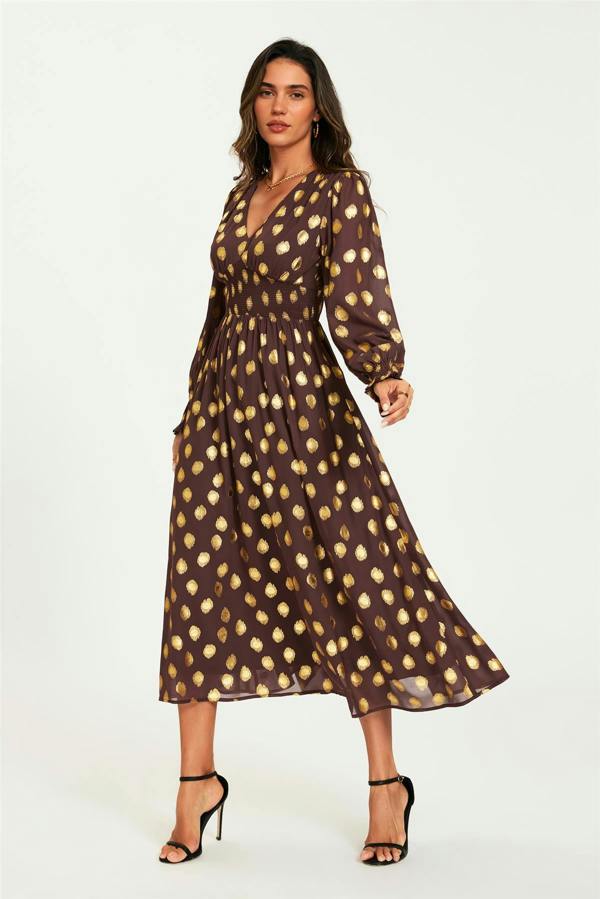 FS Collection Gold Foil Long Sleeve Maxi Dress In Brown