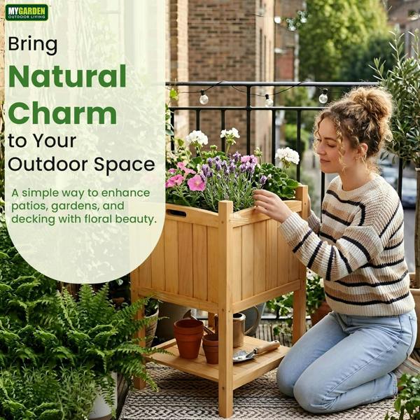 My Garden Outdoor Living My Garden Planter with Storage Shelf & PE Liner – 50 x 50 x 85cm Free Standing Square Wooden Planter for Indoor & Outdoor