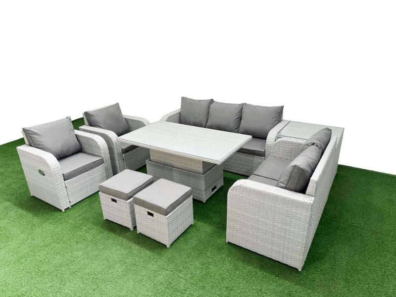 Fimous PE Rattan Garden Sofa Set, Adj Height Table, Reclining Sofa, Double Love Seat, 2 Seater Lounge, 2 Stools and Side Table, Light Grey