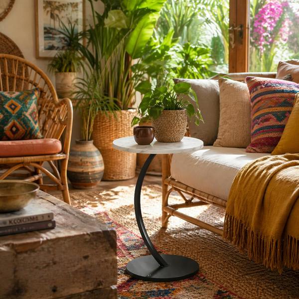 Wyld Haus Dimo Round C Shaped Side Table With Marble Effect Top