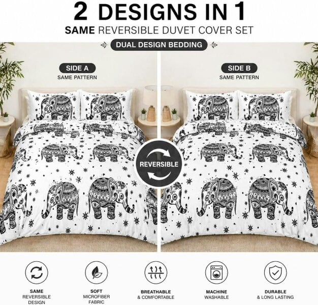 Night Zone Elephant Print Polycotton Duvet Cover Set – Safari Wildlife Bedding with Pillowcases