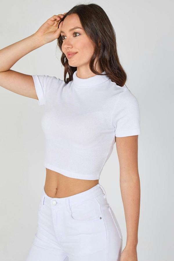 Ribbed Roll Neck Short Sleeve Crop Top white