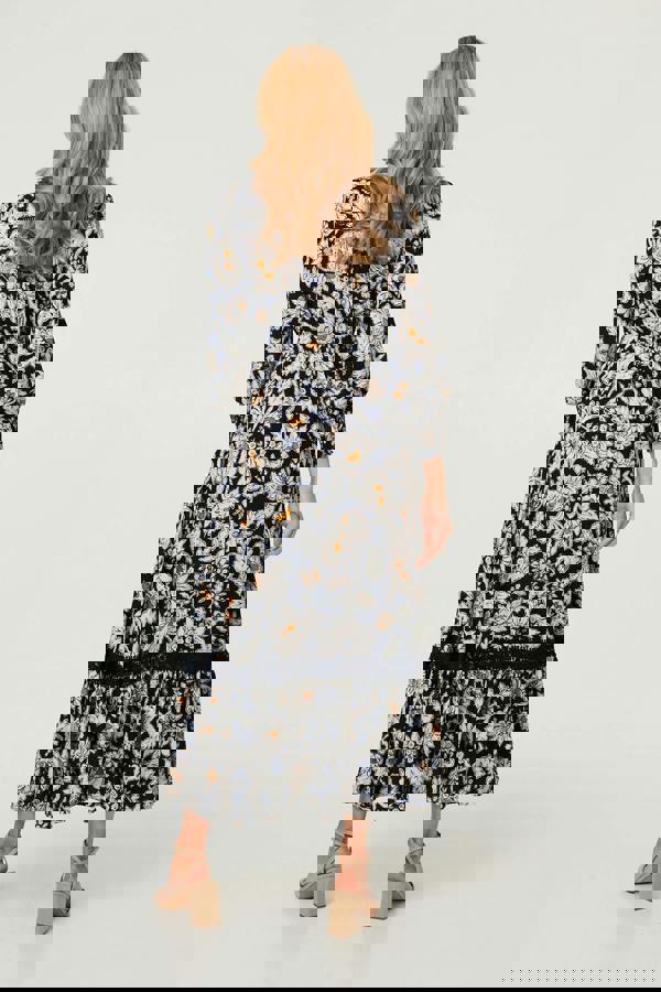 Navy | Floral Long Sleeve Trim Maxi Dress